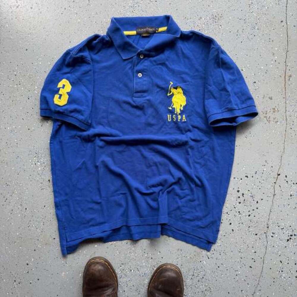 U.S. Polo Assn. Blue Yellow Big Pony Number 3 Short Sleeve Polo Shirt Men's Larg